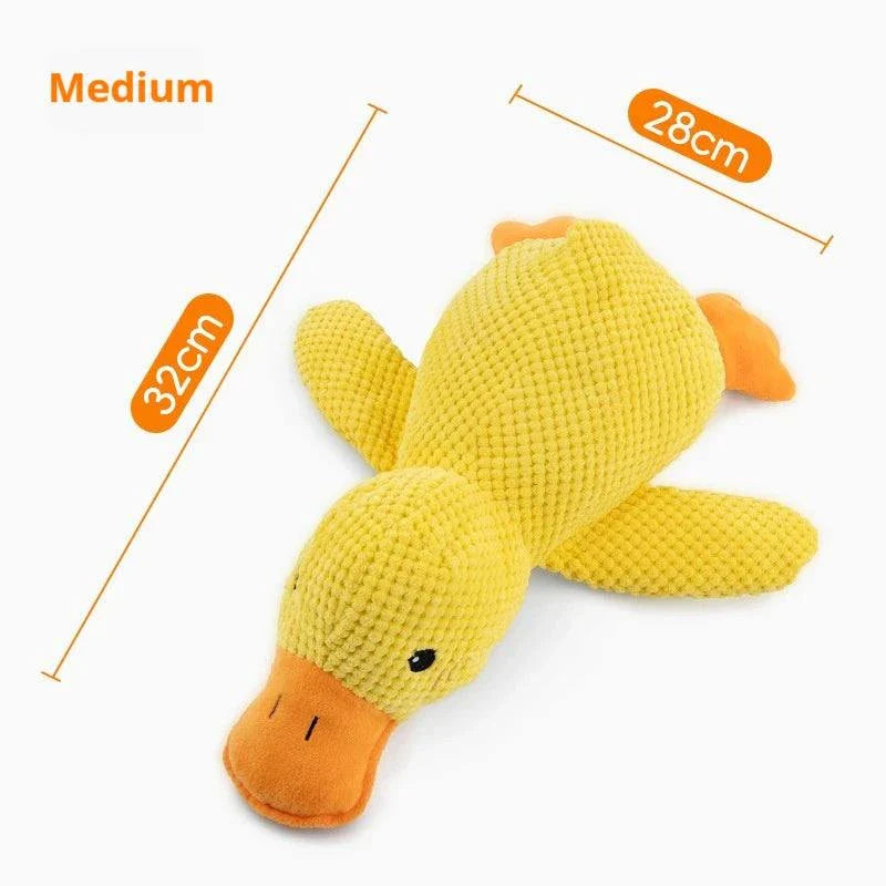 Medium Snuggle Duck dog toy with duck sound squeaker, 32cm x 28cm, yellow plush.