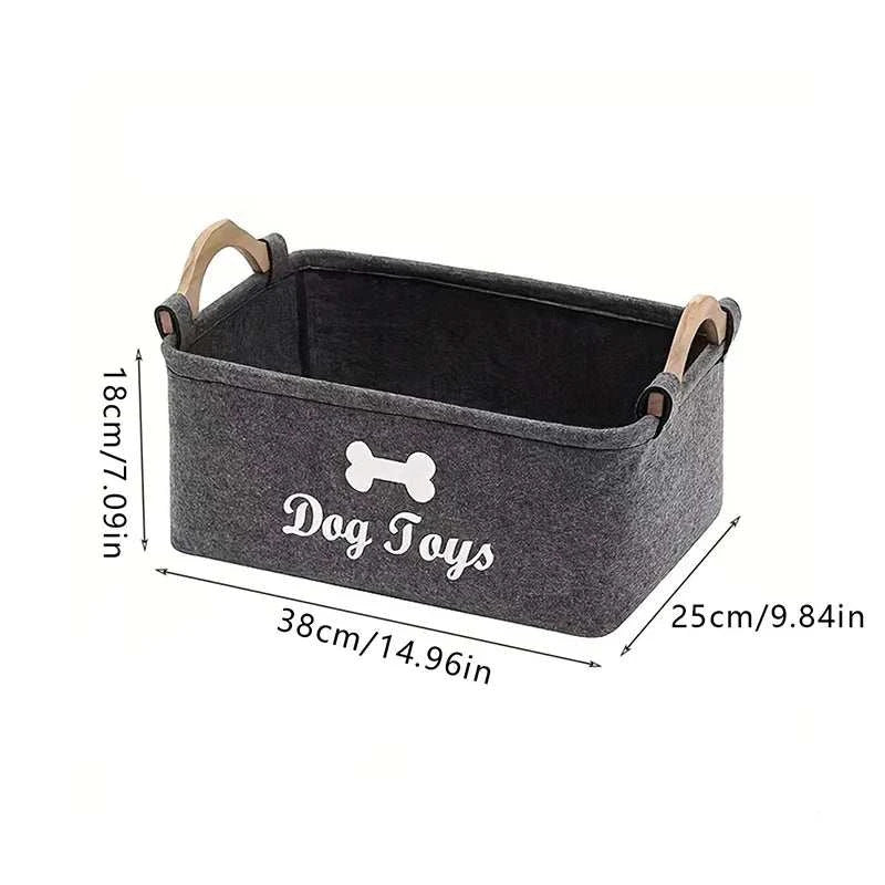 Pet toy storage basket for dogs and cats, felt material with wood handles, 38x25x18cm, labeled "Dog Toys" in gray.