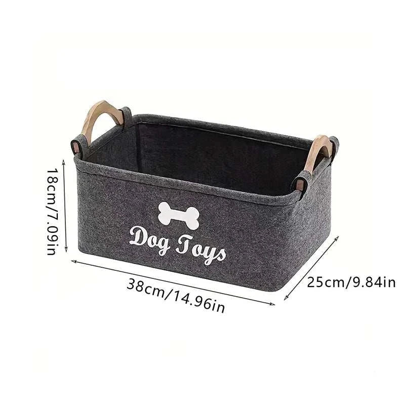 Gray felt and wood pet toy storage basket with handles, labeled "Dog Toys," measuring 38x25x18cm