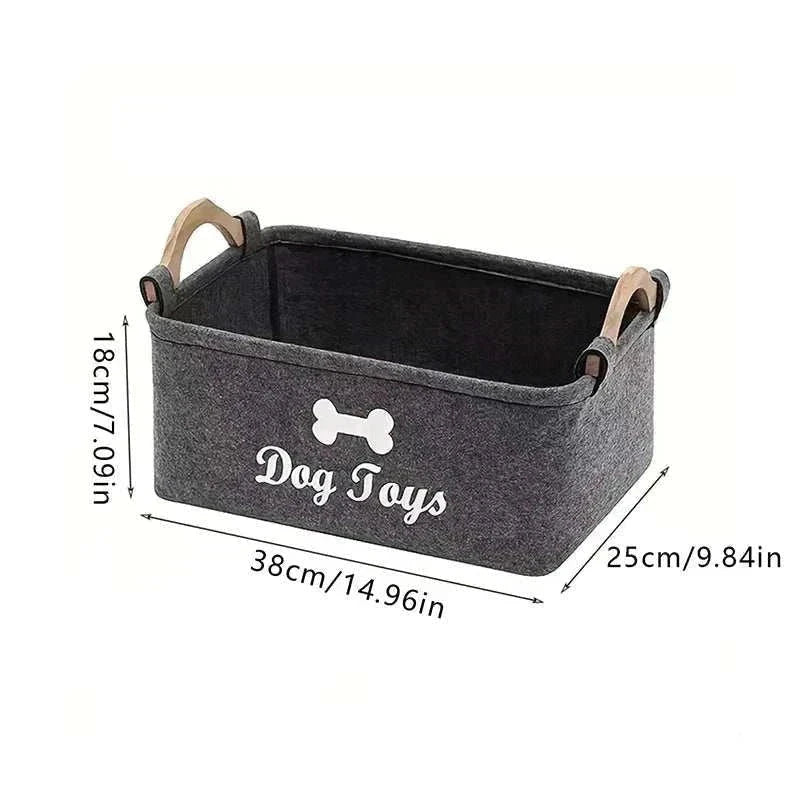 Pet toy storage basket made of felt and wood for organizing dog toys and home essentials