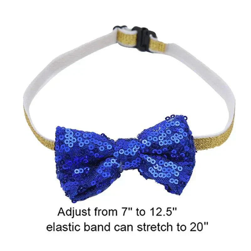 Blue sequin bow tie on adjustable elastic band for dog birthday costume