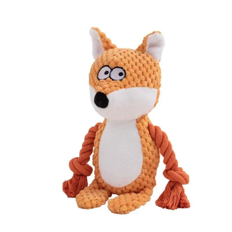 Cute animal rope plush dog toy shaped like a fox with squeaky knot arms for puppies and dogs