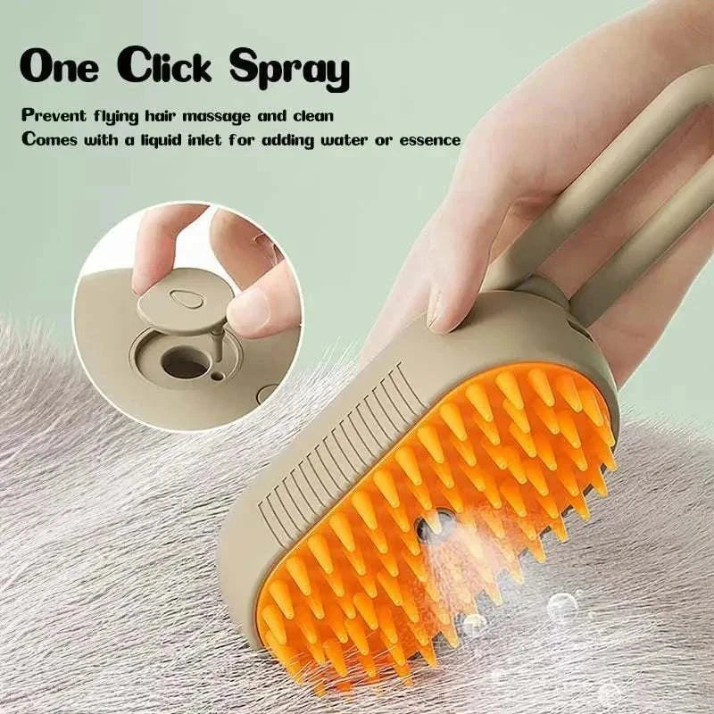 Steam Pet Brush grooming tool with soft bristles and one-click spray for gentle pet fur removal and massage