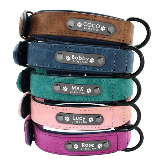 Customised leather dog collars with engraved names and phone numbers in multiple colors and sizes for stylish pets