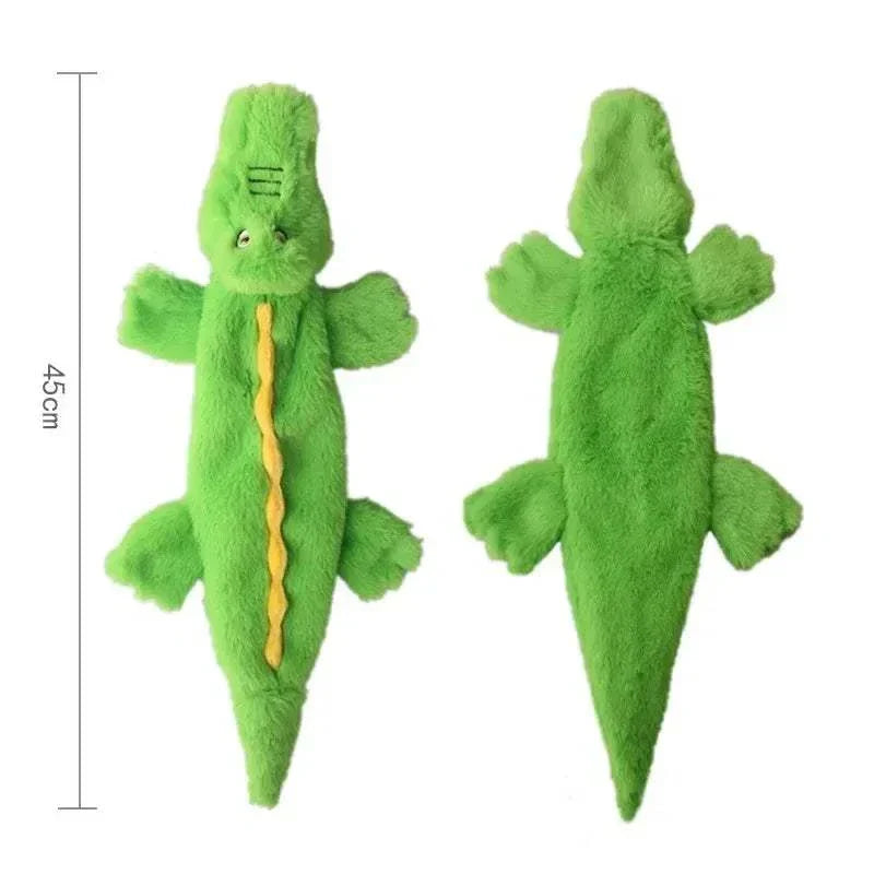 Plush squeaky stuffing less green alligator dog toy with crinkle texture, 45cm long, durable and mess-free pet toy