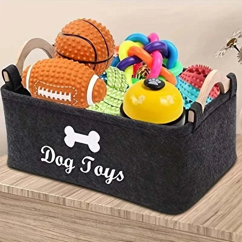 Pet Toy Storage Basket for Dogs and Cats on a shelf, filled with colorful toys.