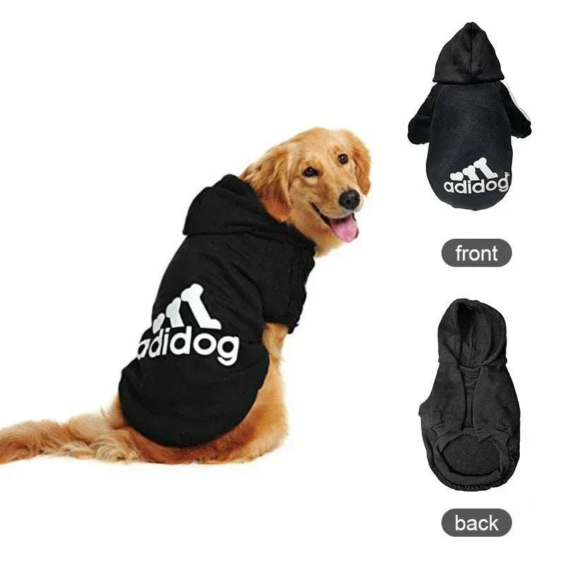 Black Adidog Hoodies Dog jumper with hood, soft cotton material, shown on golden retriever and flat lay front and back views