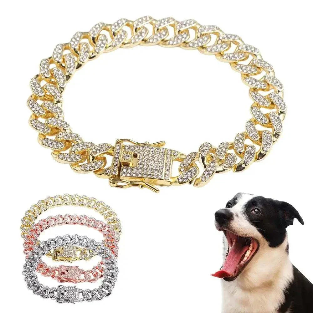 Luxury dog collar made of high-quality alloy, embellished with sparkling rhinestones in gold, silver, and rose gold colors, shown on a happy dog.