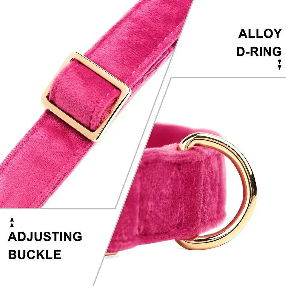 Personalised velvet adjustable dog collar with gold alloy D-ring and buckle in pink velvet material