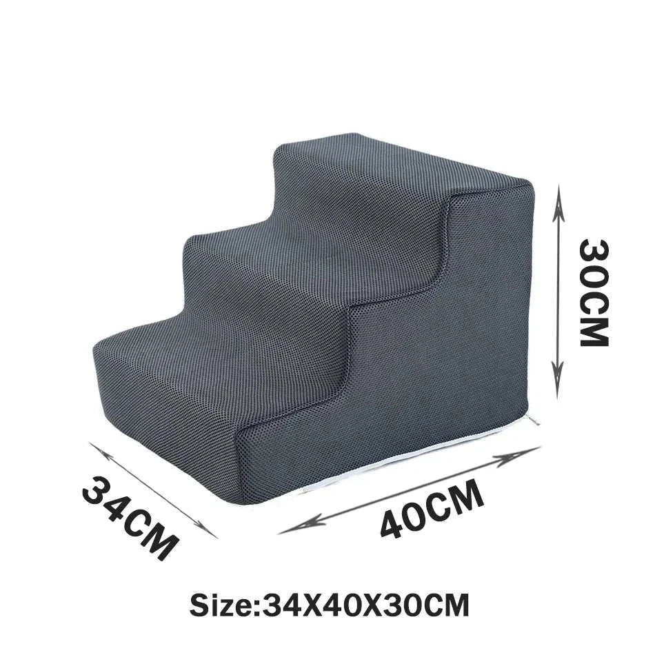 Gray 3-step pet stairs with anti-slip washable cover, size 34x40x30 cm, for small dogs and cats