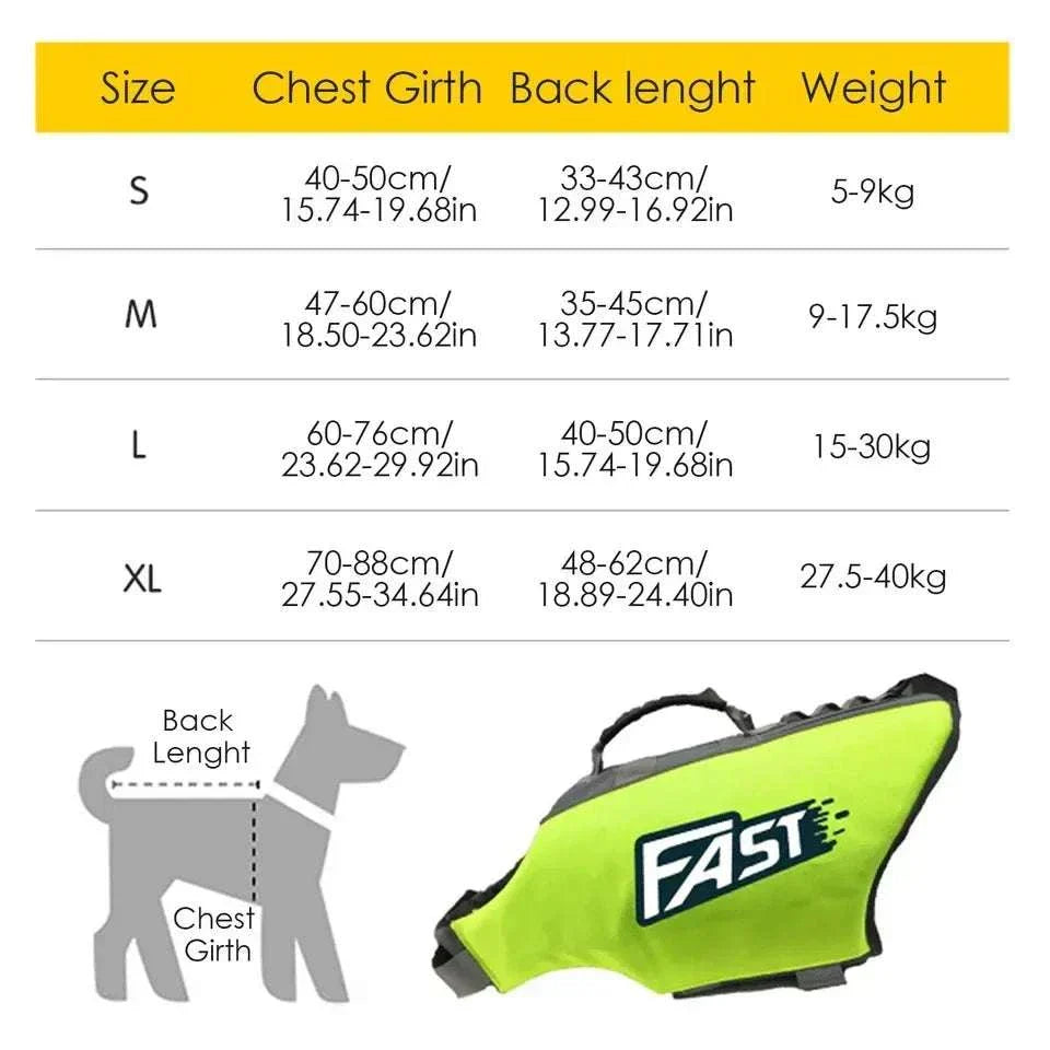 Dog safety vest with reflective strips, buoyant material, adjustable straps, and grab handle for secure swimming and visibility.