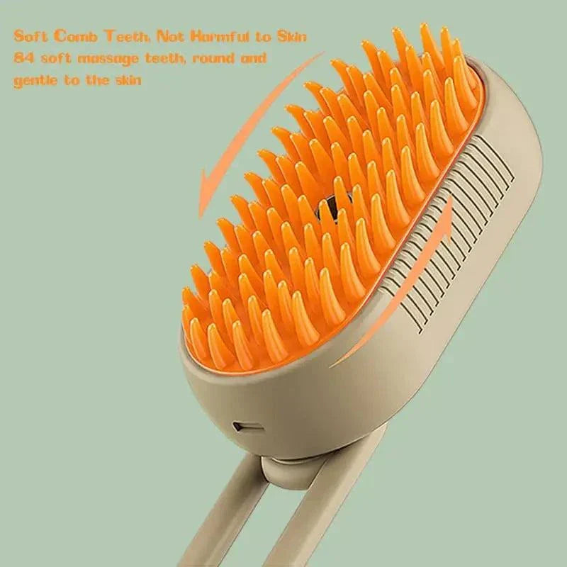 Steam Pet Brush grooming tool with soft orange silicone bristles for gentle pet fur care and massage