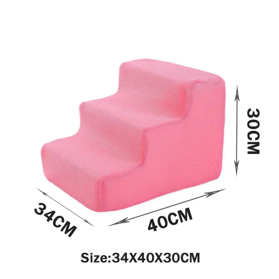 Pink three-step pet stairs with anti-slip washable cover, size 34x40x30cm, for small dogs and cats.