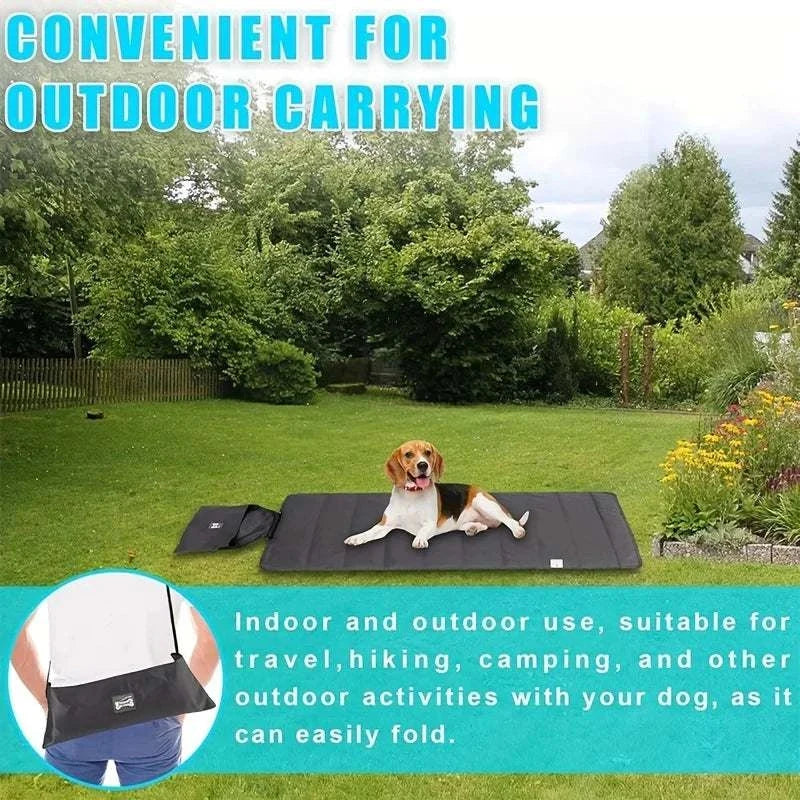 Waterproof foldable pet blanket for outdoor use with beagle dog lying on it in a green garden.