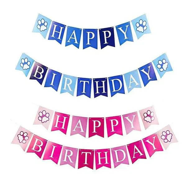 Dog birthday costume party hats and bandannas with happy birthday banner in blue and pink colors