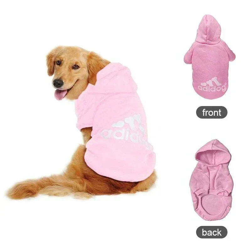 Golden retriever wearing pink Adidog hoodies dog jumper in three views front, back, and side