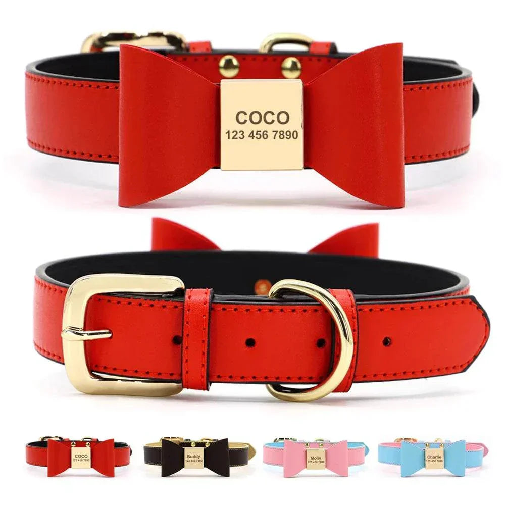 Personalised dog collar with red bowtie and custom name engraving on gold plate for small dogs