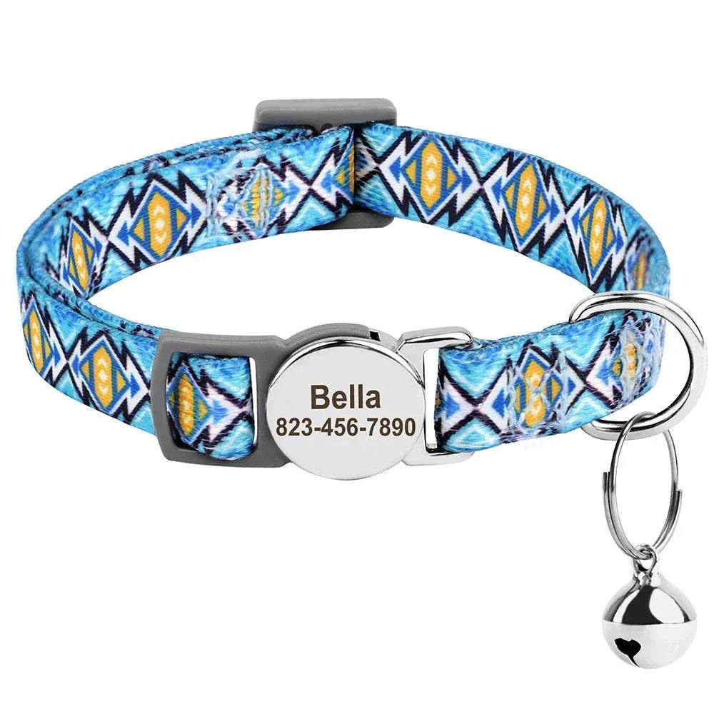 Personalised adjustable cat collar with custom nameplate and safety bell in blue geometric pattern