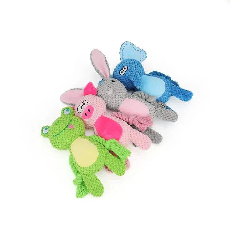 set of cute animal rope plush dog toys including frog, pig, rabbit, elephant, and mouse with squeaky knots