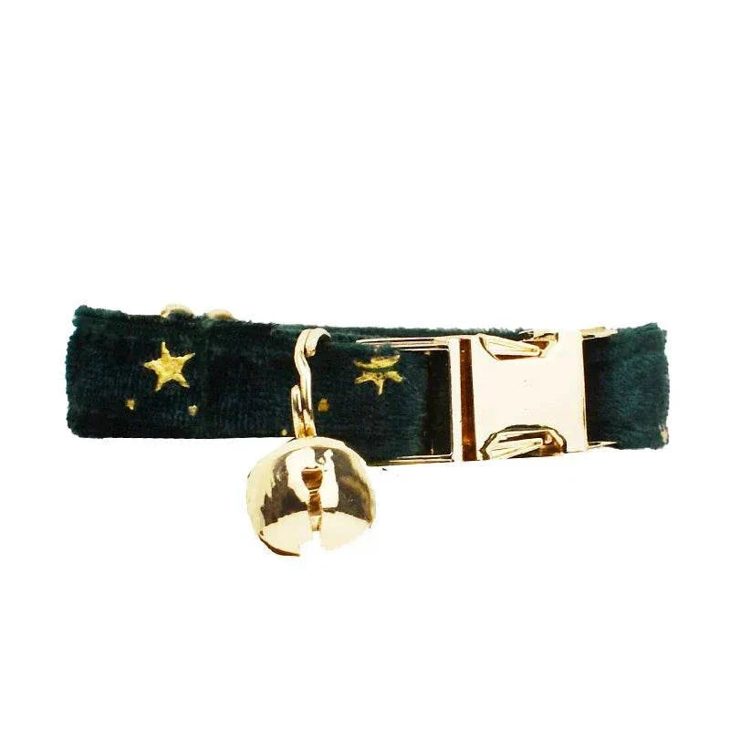 Personalised cat collar with gold star pattern, adjustable soft fabric and bell clasp