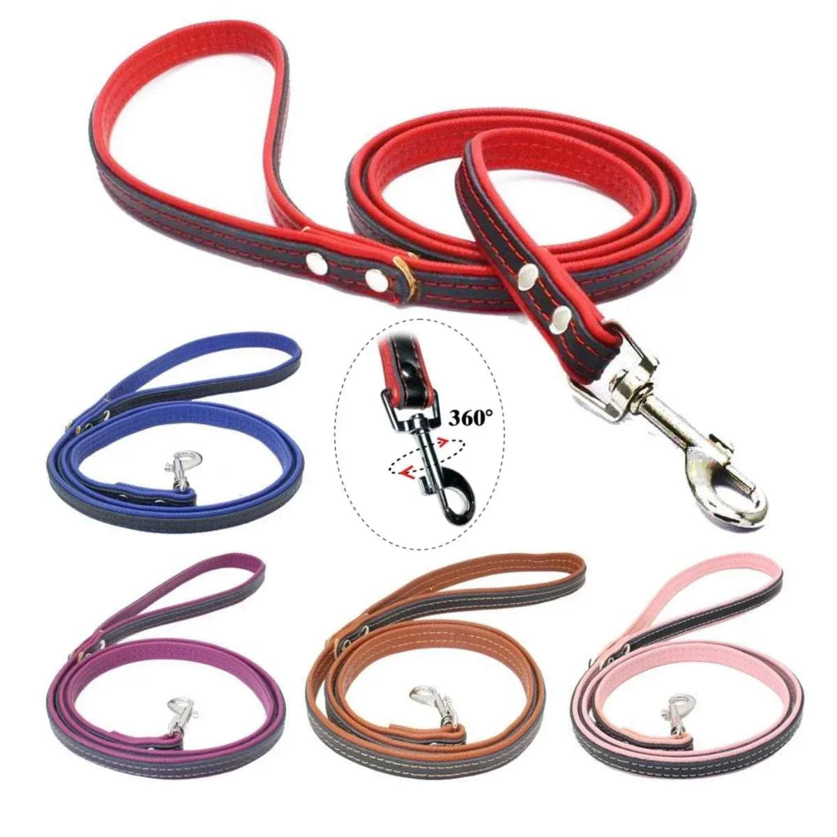 Personalised braided leather dog collars with matching leashes in various colors and 360-degree swivel clips