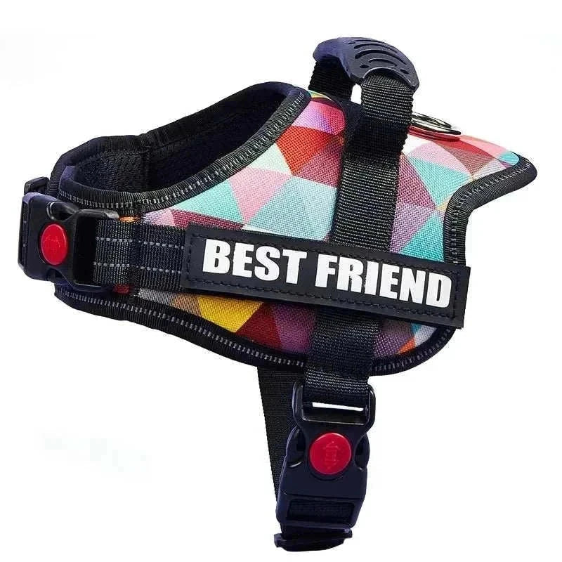 Personalised no-pull reflective dog harness with colorful geometric pattern and adjustable straps labeled "Best Friend"