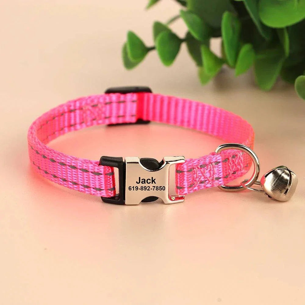 Pink personalised reflective cat collar with bell and engraved name and phone number