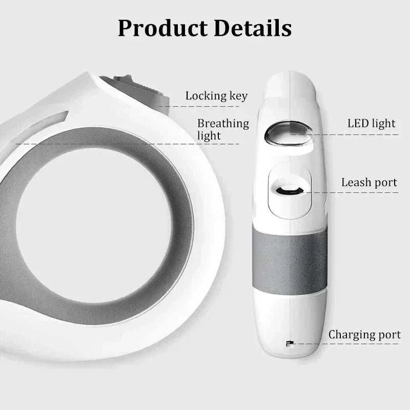 3m luminous auto retractable dog leash with ergonomic handle, LED light, and one-handed control for safe night walks