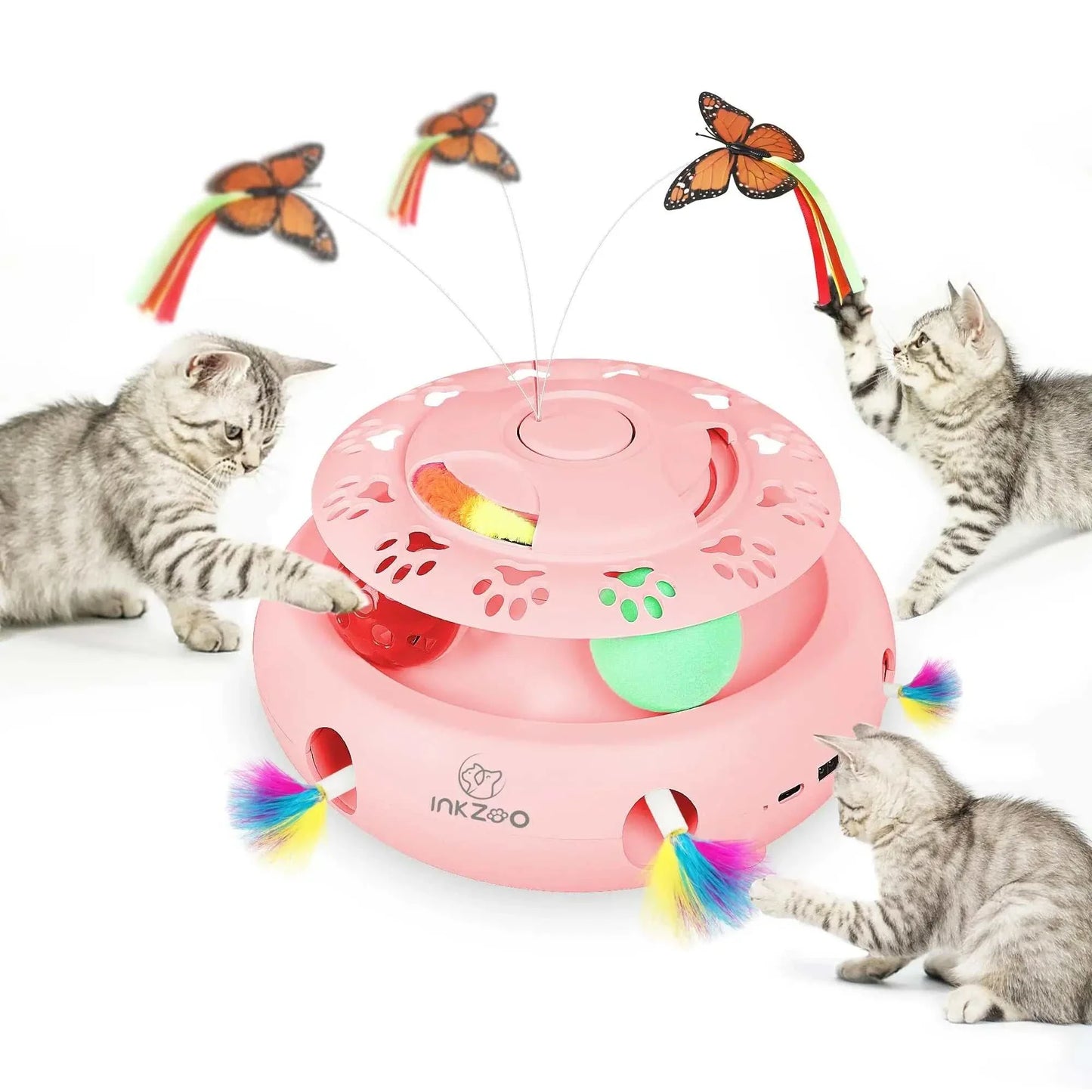 Interactive cat toy with fluttering butterflies, track balls, and USB charging for playful kittens.