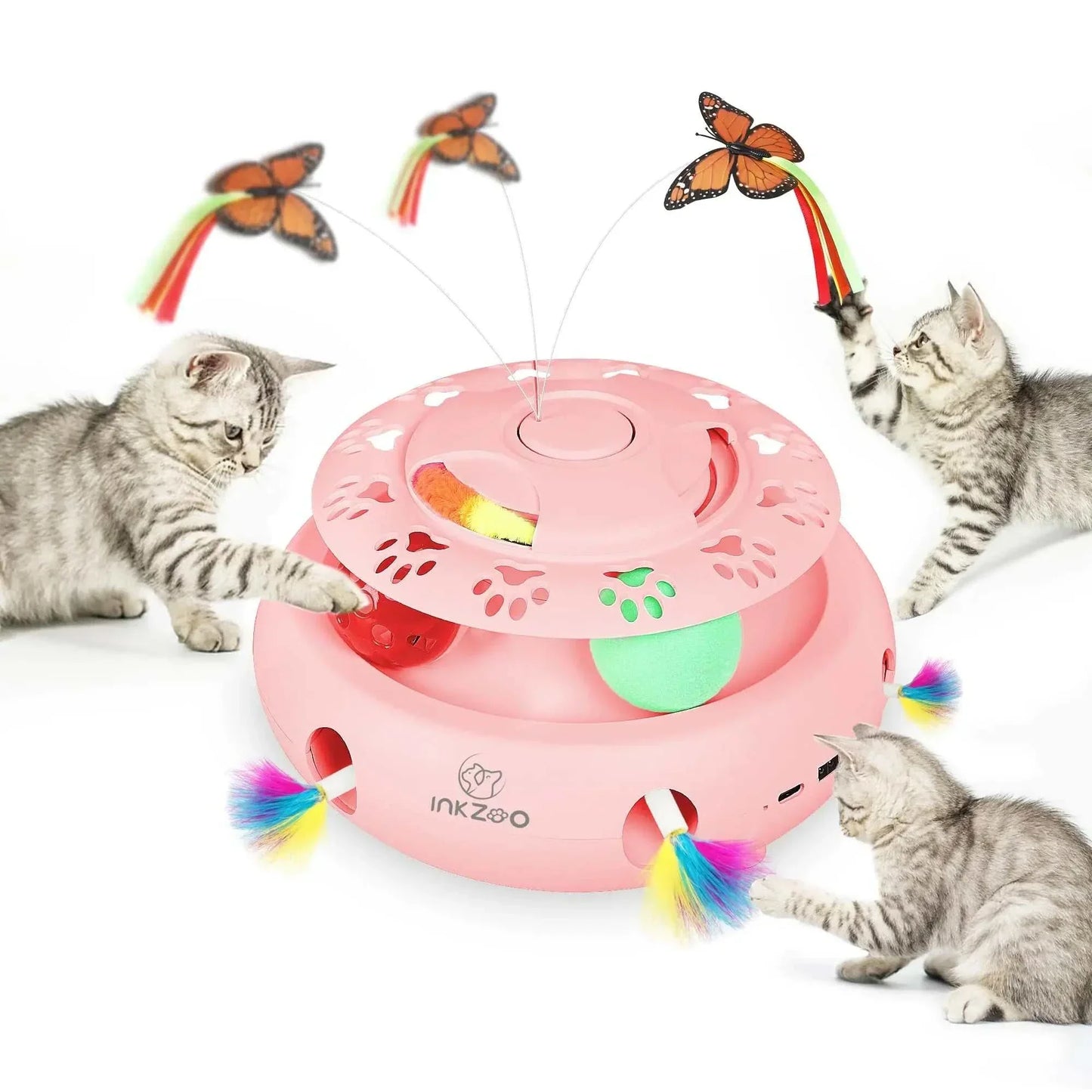 INKZOO 4-in-1 interactive USB rechargeable cat toy with spinning butterflies and feather attachments