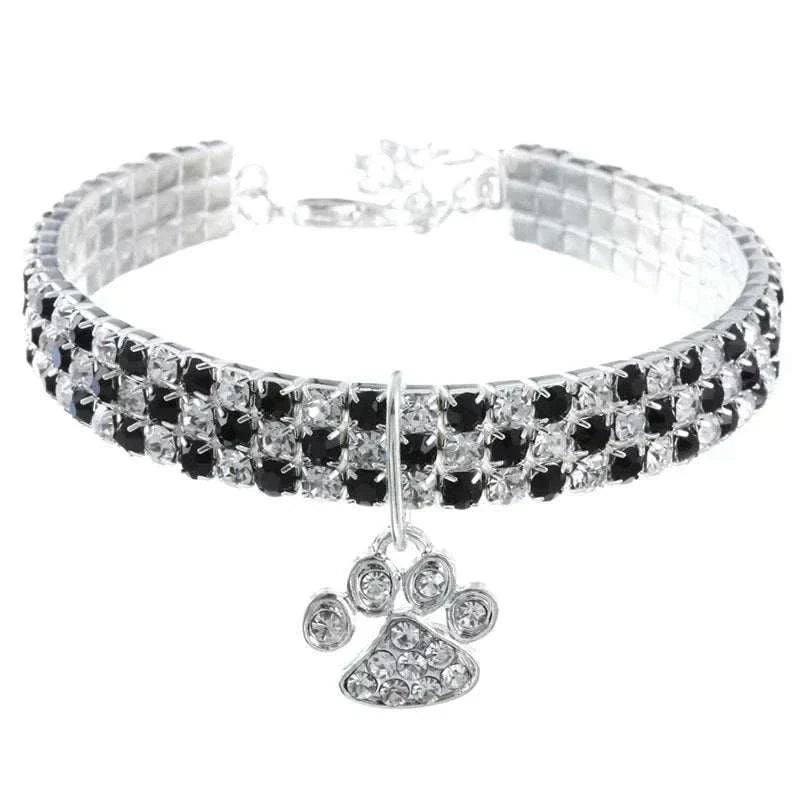 Pretty Kitty's Paw Pendant Cat Collar with black and white diamante rhinestones and silver paw charm