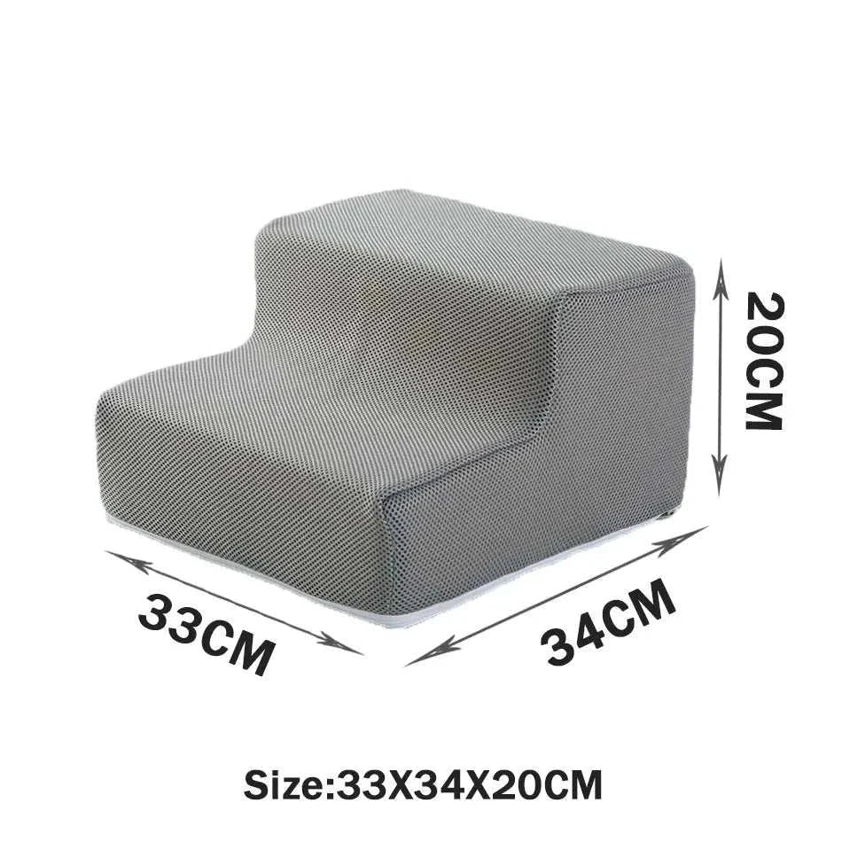 Grey two-step pet stairs with anti-slip washable cover, 33x34x20 cm for small dogs and cats