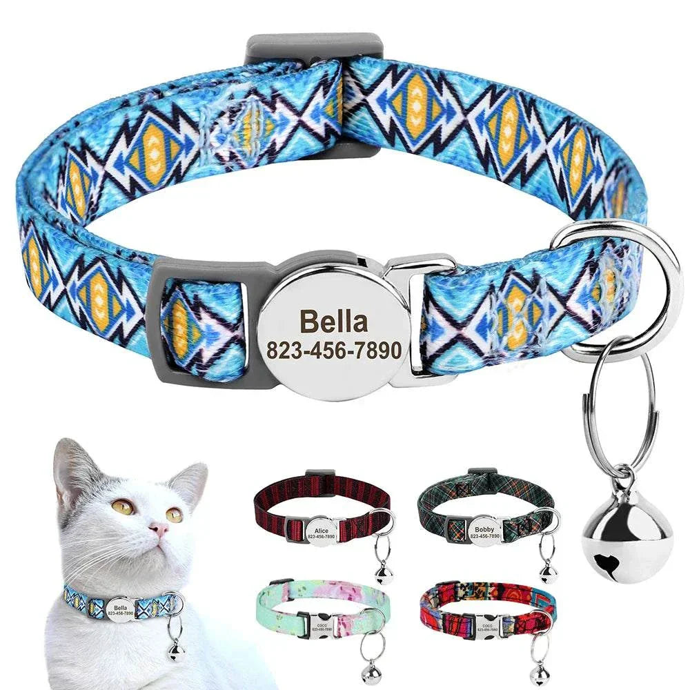 Personalised adjustable cat collar with custom nameplate and bell, blue geometric design, secure and stylish pet accessory