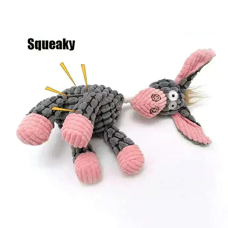 Durable corduroy donkey dog chew toy with squeaker for puppies