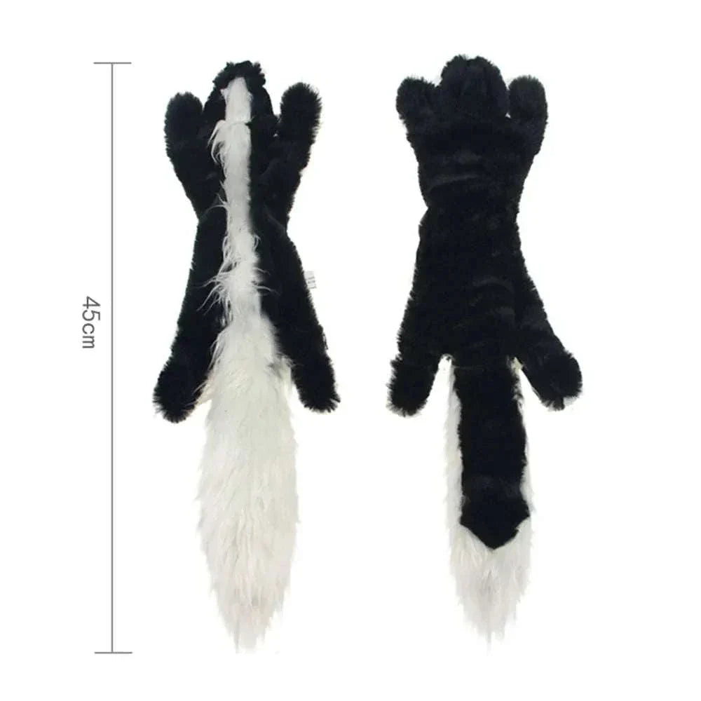 Plush squeaky stuffing-less dog toy with crinkle texture and durable design, 45cm long, black and white color.