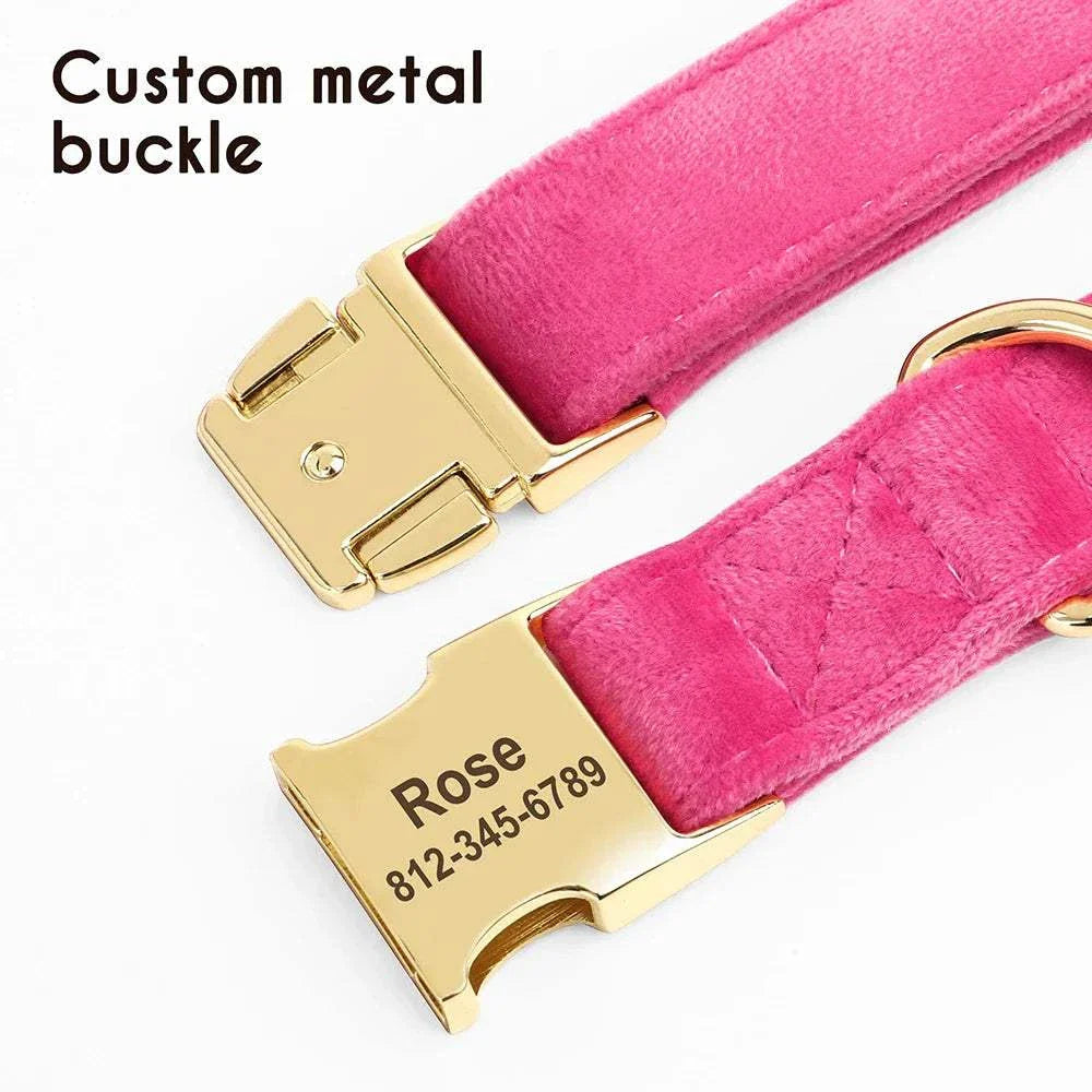 Personalised velvet adjustable dog collar with custom metal buckle engraved with pet name and phone number in bright pink velvet material