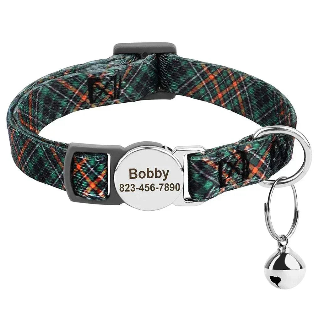 Personalised adjustable cat collar with custom engraved nameplate and safety bell for kittens and cats