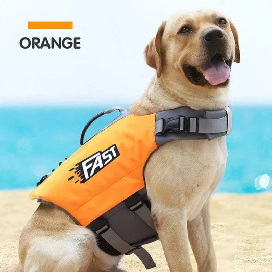 Orange reflective dog safety vest with adjustable straps and grab handle worn by happy dog on beach