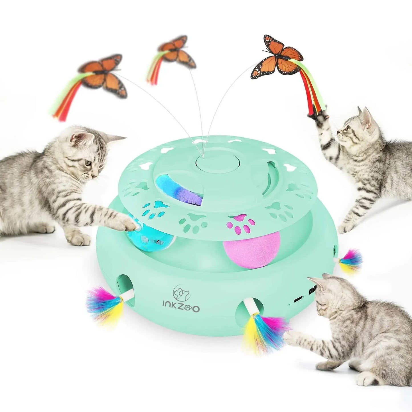 INKZOO 4-in-1 interactive cat toy featuring a mint-green base with six holes, fluttering butterflies, track balls, and colorful feathers, attracting playful kittens.