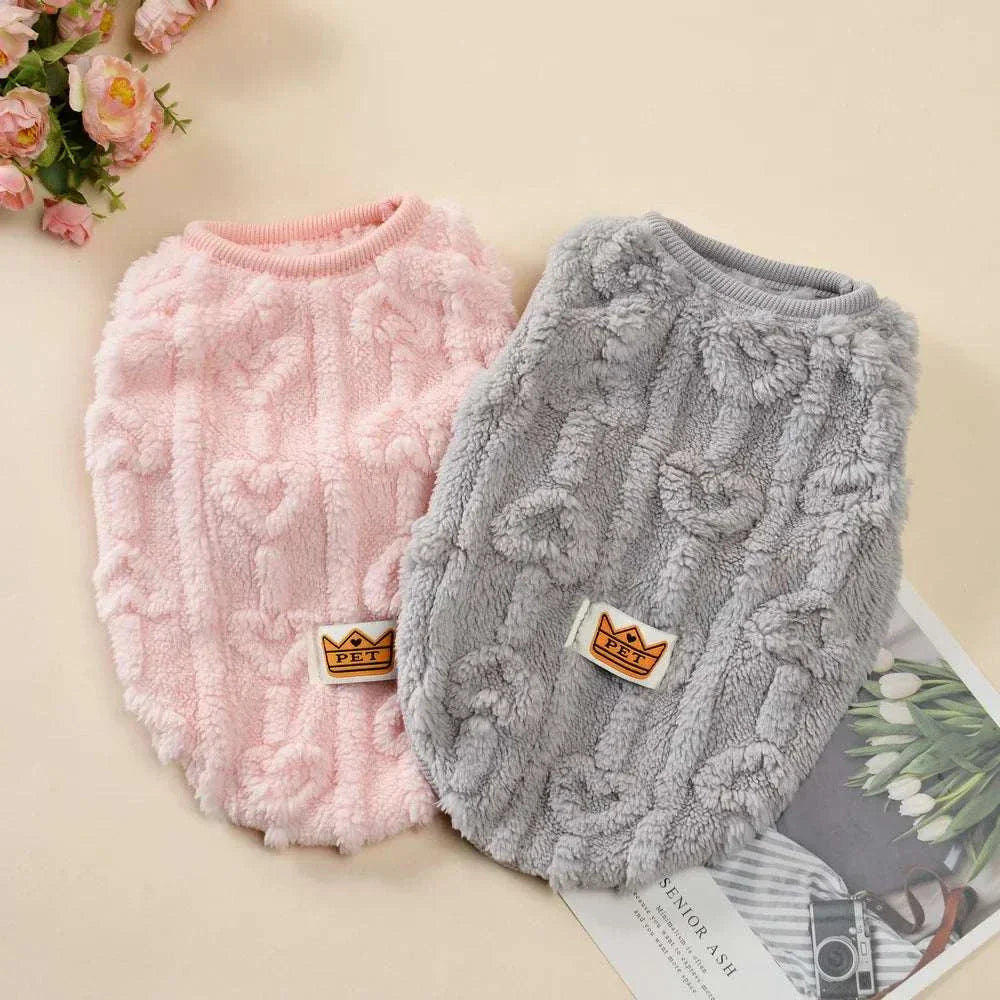 Soft cozy fleece sweatshirts for small pets in pink and gray with textured heart design