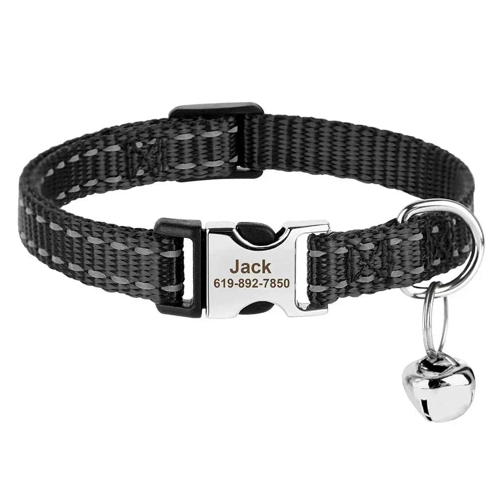 Personalised adjustable black cat collar with custom engraved nameplate and safety bell