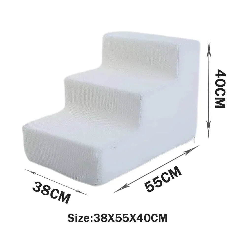 White 3-step pet stairs with anti-slip washable cover for small dogs and cats, size 38x55x40cm