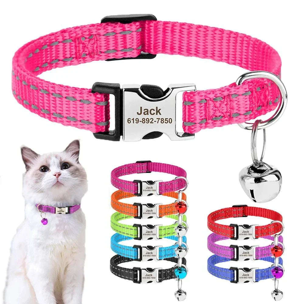 Personalised reflective cat and small dog collar with bell and custom engraving for safety and style