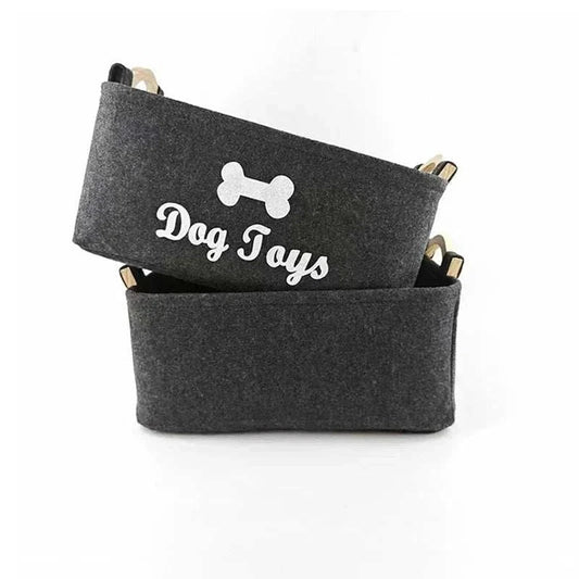 Dark gray felt pet toy storage basket with bone graphic and "Dog Toys" text for organizing dog toys