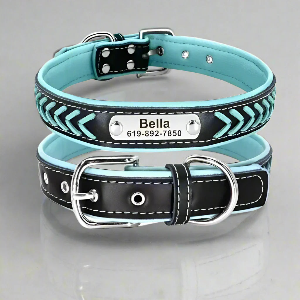 Personalised braided leather dog collar with custom engraved nameplate and phone number in black and blue design