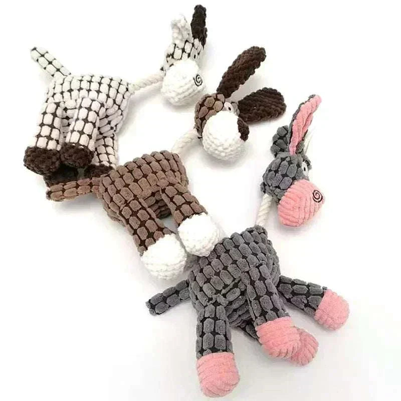 Corduroy dog chew toy with squeaker in donkey, sheep, and dog shapes for puppies.