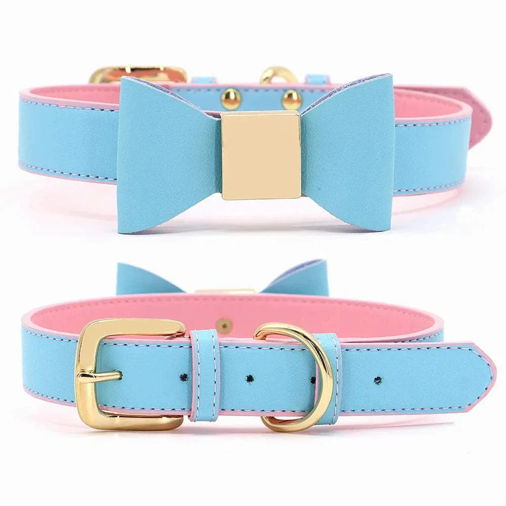 Personalised dog collar with blue bowtie and gold buckle, soft PU leather for small dogs and cats