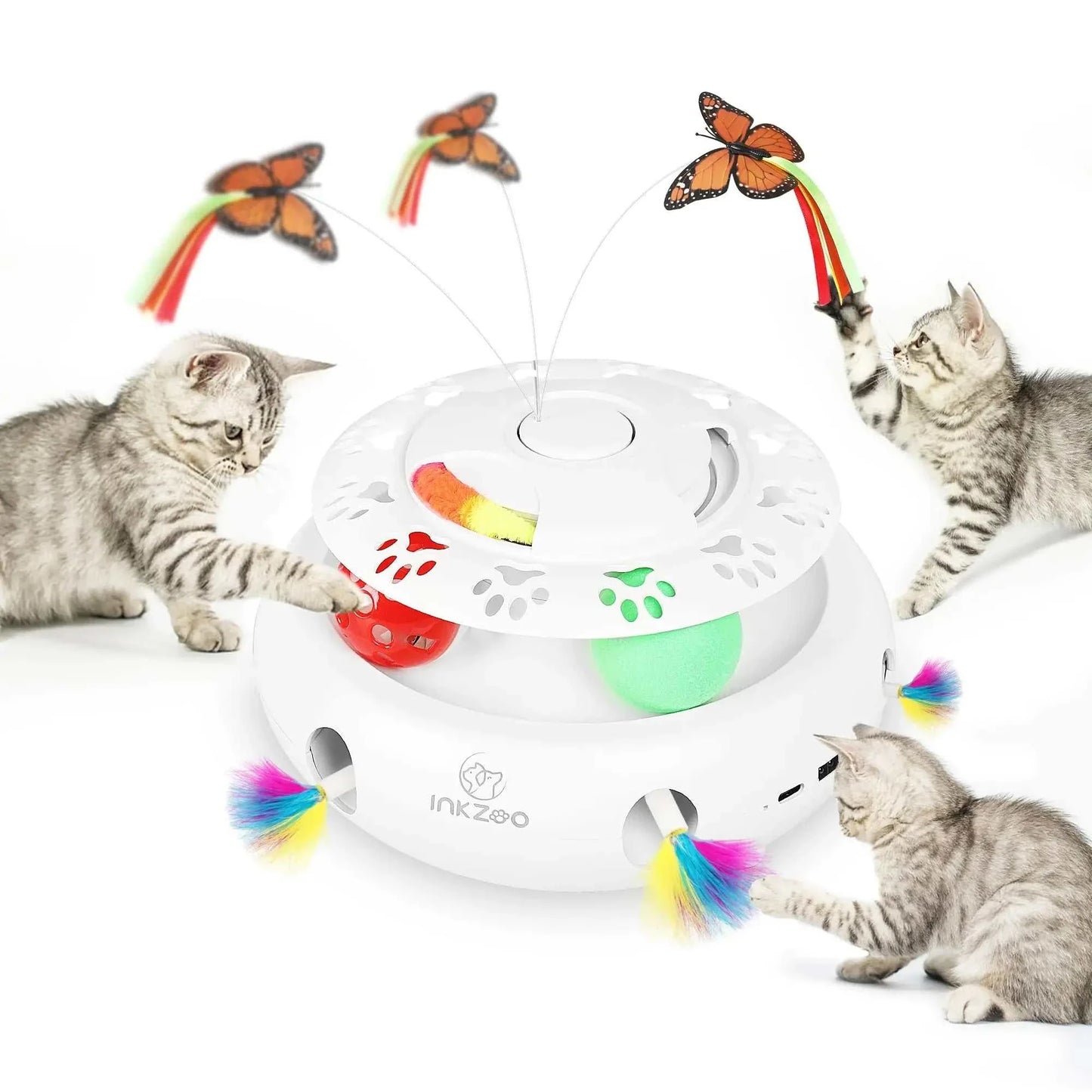 Interactive INKZOO 4-in-1 cat toy with mice, butterfly, and track balls for playful kittens.