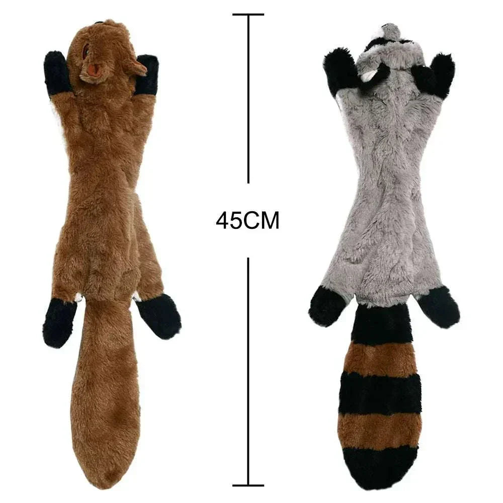 Plush squeaky stuffing less dog toy in raccoon and squirrel shapes, 45cm long, durable and mess-free pet toy with crinkle texture and built-in squeakers.
