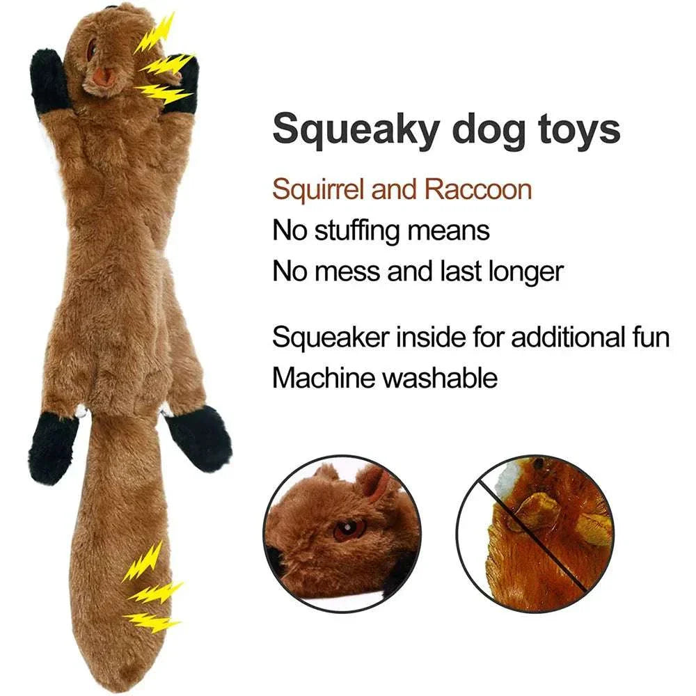 Plush squeaky stuffing-less dog toy shaped like a squirrel with no stuffing, squeakers inside, and durable design for mess-free play
